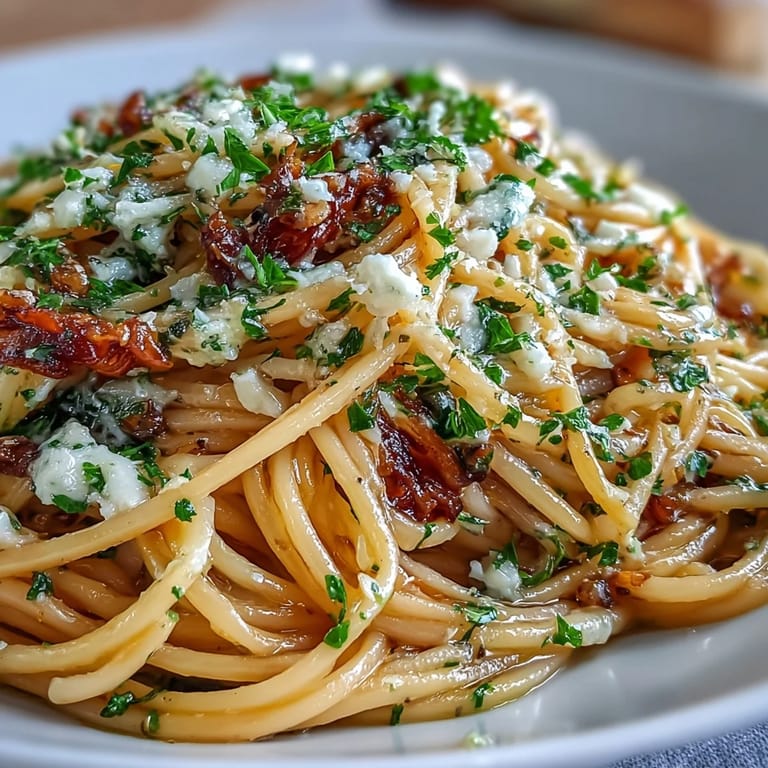 Golden spaghetti tossed in rich lemon butter sauce, infused with garlic and topped with grated Parmesan, creating a comforting vegetarian meal.