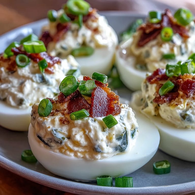 Creamy deviled eggs with tangy cream cheese, smoky bacon, and jalapeño for a zesty, crowd-pleasing appetizer.
