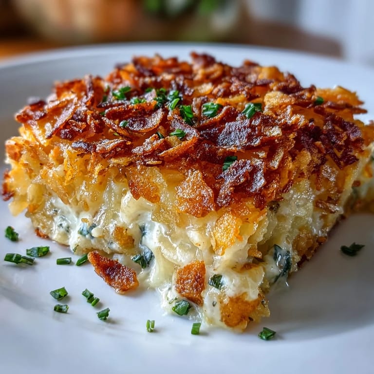 Savory hash brown casserole loaded with cheddar, sour cream, and onions, crowned with crunchy cornflake crust and baked to perfection.