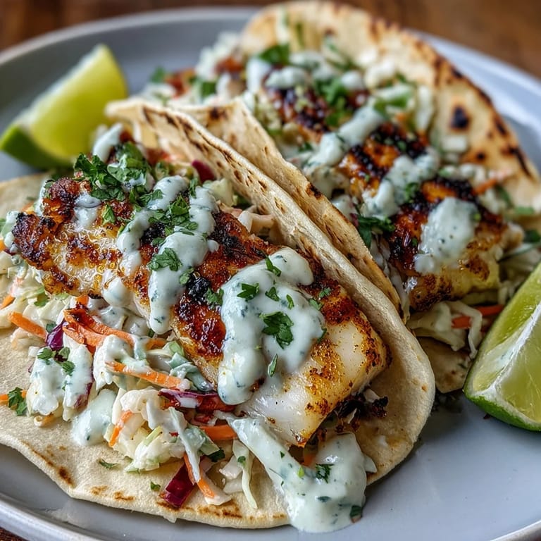 Zesty grilled fish tacos featuring coconut milk and lime marinade, crunchy slaw, and smooth crema, ideal for a light dinner.