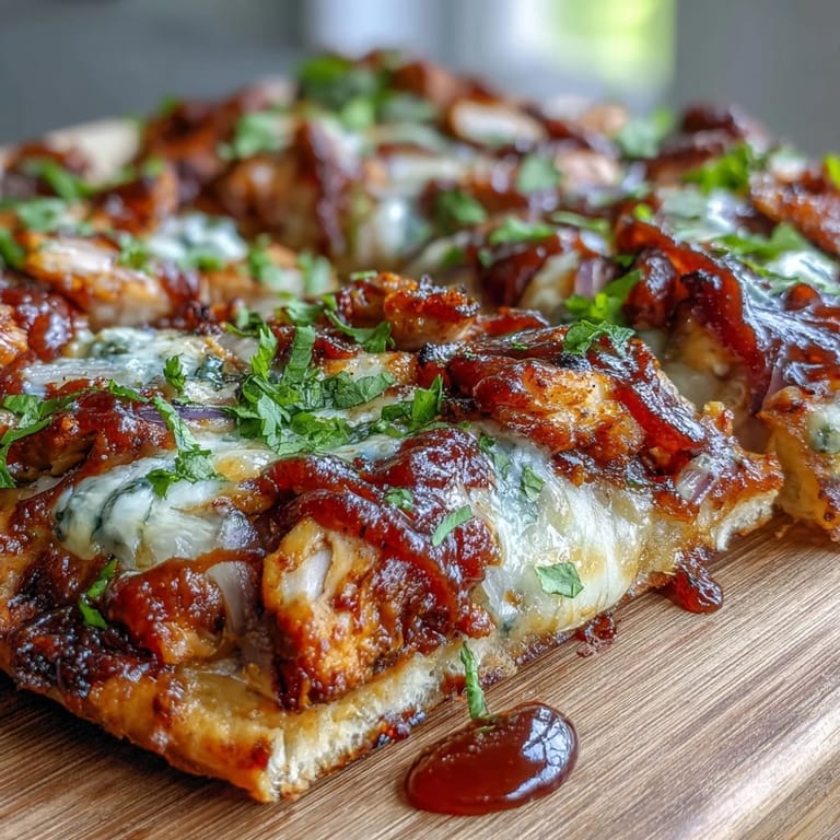 Crispy flatbread loaded with tender BBQ chicken, gooey cheese, and colorful vegetables, finished with a drizzle of tangy BBQ sauce.