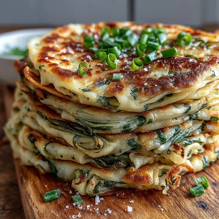 Warm, pan-fried scallion pancakes with tender, chewy texture and aromatic green onions, ideal for dipping or sharing.