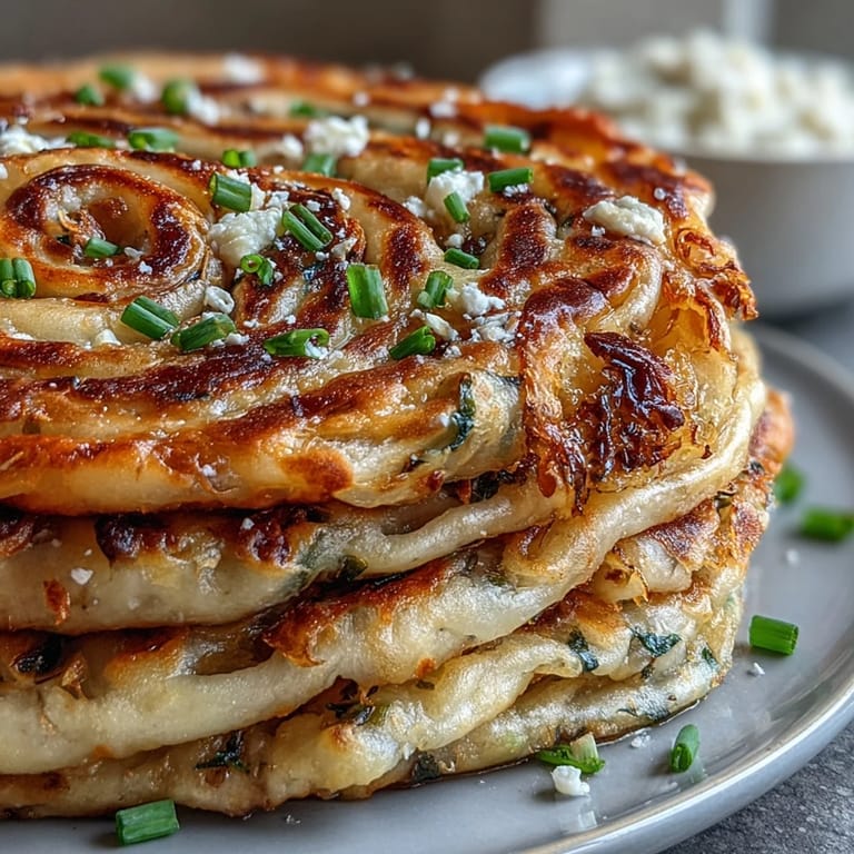 Golden brown spring onion pancakes with crisp edges and soft center, filled with fragrant sliced scallions for authentic flavor.