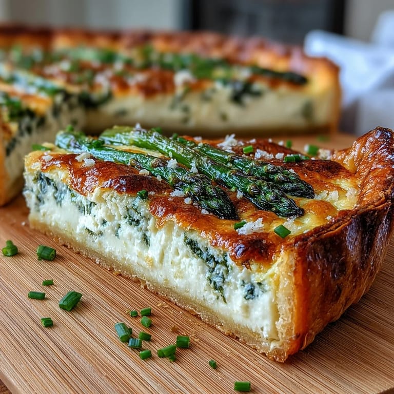 Crispy puff pastry tart filled with whipped ricotta, tender asparagus spears, and Parmesan, finished with a drizzle of olive oil.