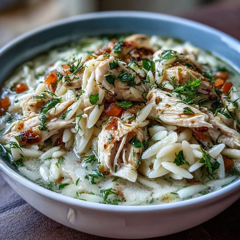 Warm, comforting Greek lemon chicken soup featuring aromatic vegetables, shredded chicken, and a tangy lemon-egg broth.