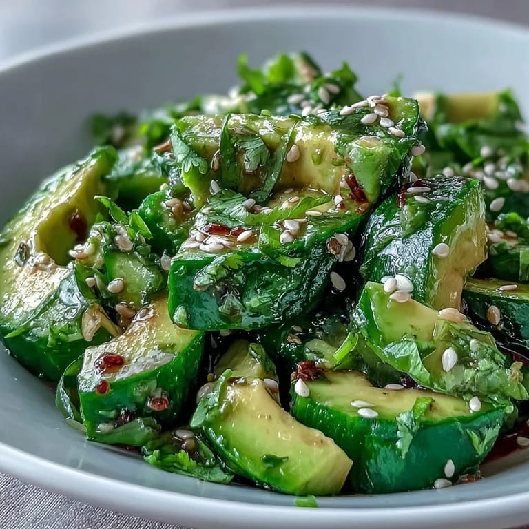Creamy avocado and crisp smashed cucumbers tossed in nutty sesame oil dressing, garnished with fresh herbs and a hint of spice for a light side dish.