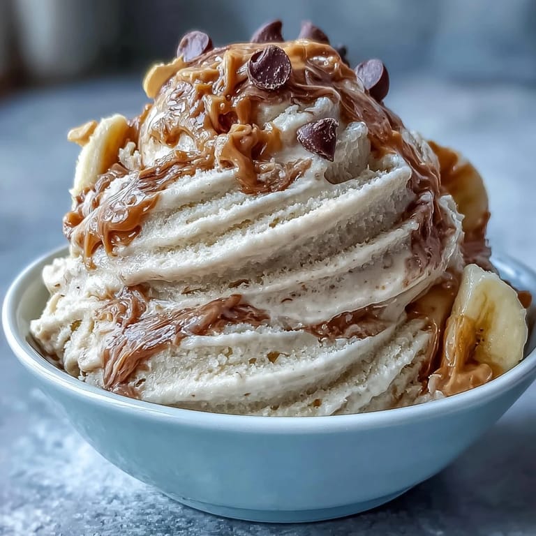 Velvety vegan ice cream blending frozen bananas with peanut butter and vanilla for a naturally sweet indulgence.