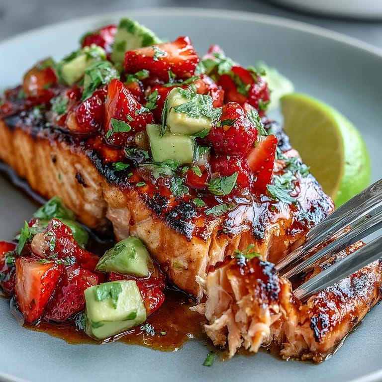 Juicy grilled salmon fillets served with a colorful strawberry avocado salsa, bursting with flavor and freshness.  