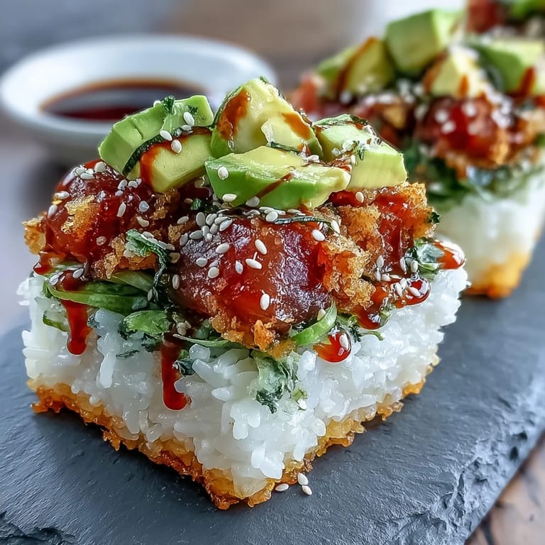 Golden fried sushi rice squares paired with creamy avocado, crunchy cucumber, and zesty spicy tuna in a vibrant Japanese fusion salad.  