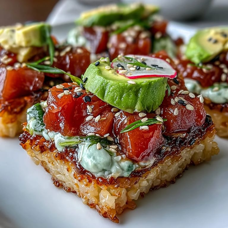 A colorful bowl of crispy rice, diced avocado, and spicy tuna, drizzled with soy-ginger dressing for bold flavor and texture.