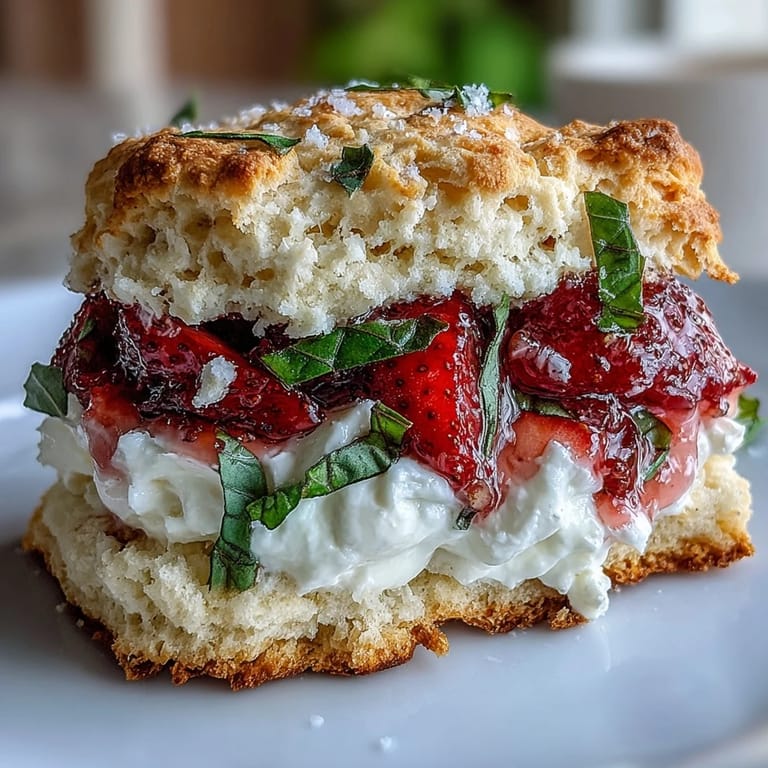 Buttery shortcake biscuits topped with juicy strawberries, fragrant basil, and vanilla whipped cream.  