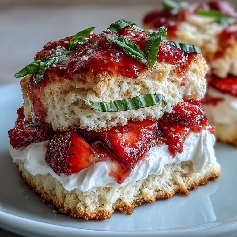 Golden biscuits filled with sweet strawberries, fresh basil, and a cloud of whipped cream.