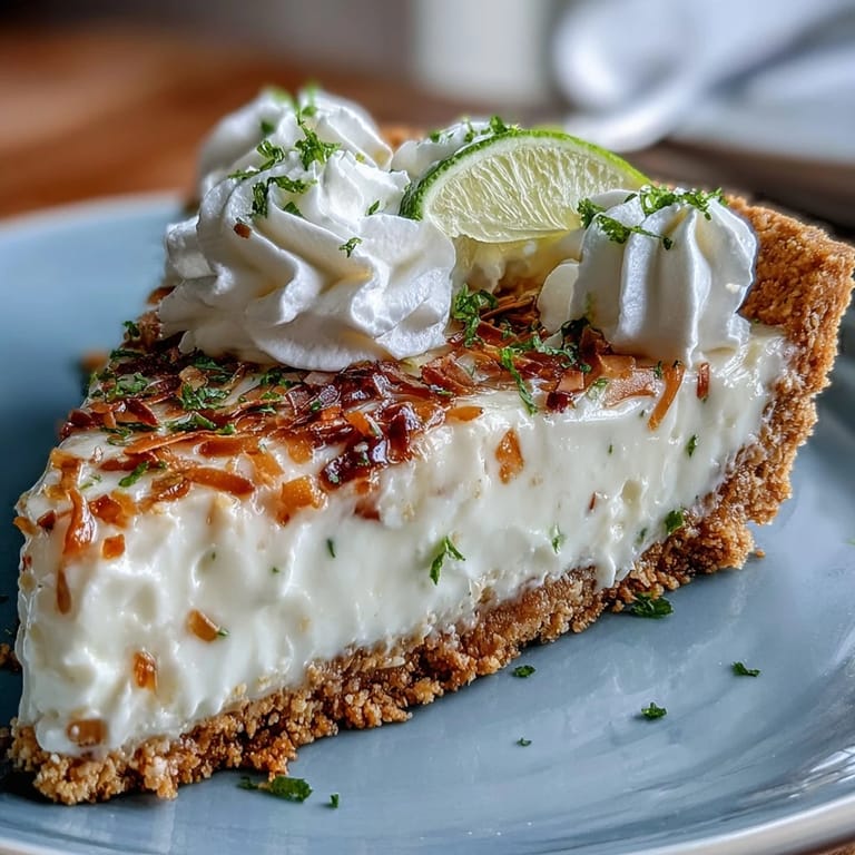 Refreshing coconut and lime tart served chilled, featuring a crisp graham cracker base and tropical garnish for summer dessert bliss.
