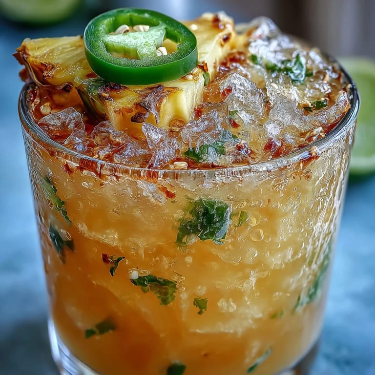 Close-up view of pineapple jalapeño agua fresca with visible pineapple chunks and a hint of spice, ideal for festive gatherings.
