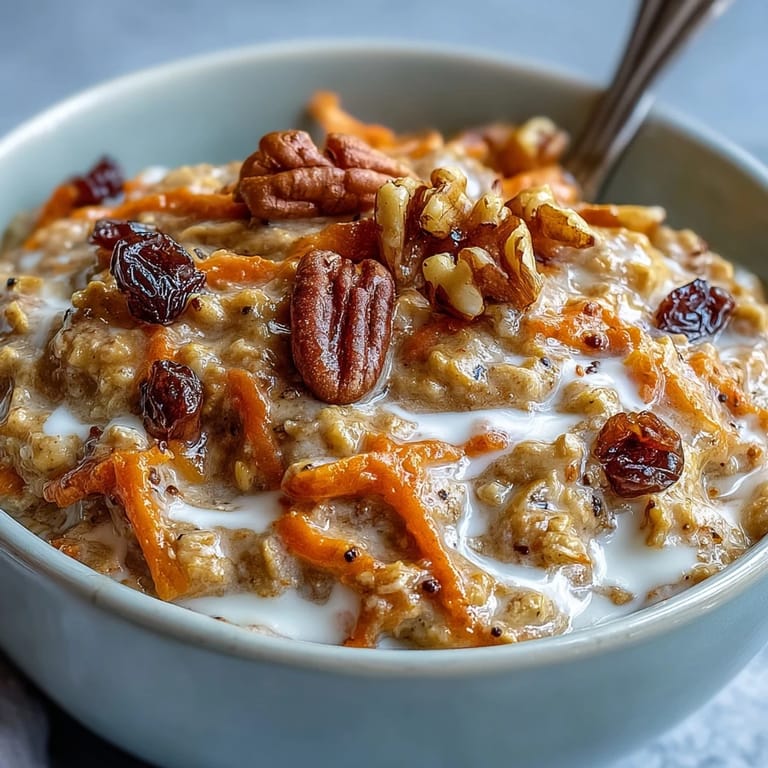 Overnight oats layered with spiced carrot cake flavors, Greek yogurt, and chopped walnuts, topped with a drizzle of maple syrup.