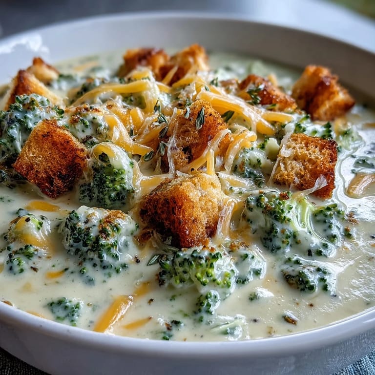 Velvety broccoli cheddar soup with rich cheddar cheese and fresh broccoli, served in a rustic bowl with crusty bread on the side.