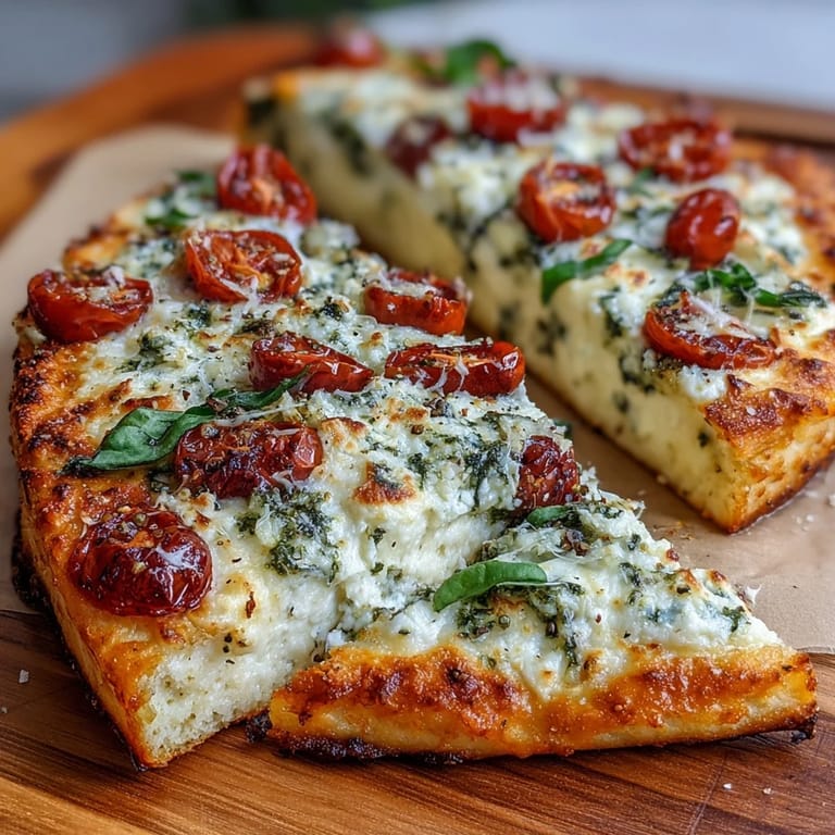 Protein-packed cottage cheese flatbread with basil pesto and fresh tomatoes, ideal for a healthy snack or appetizer.