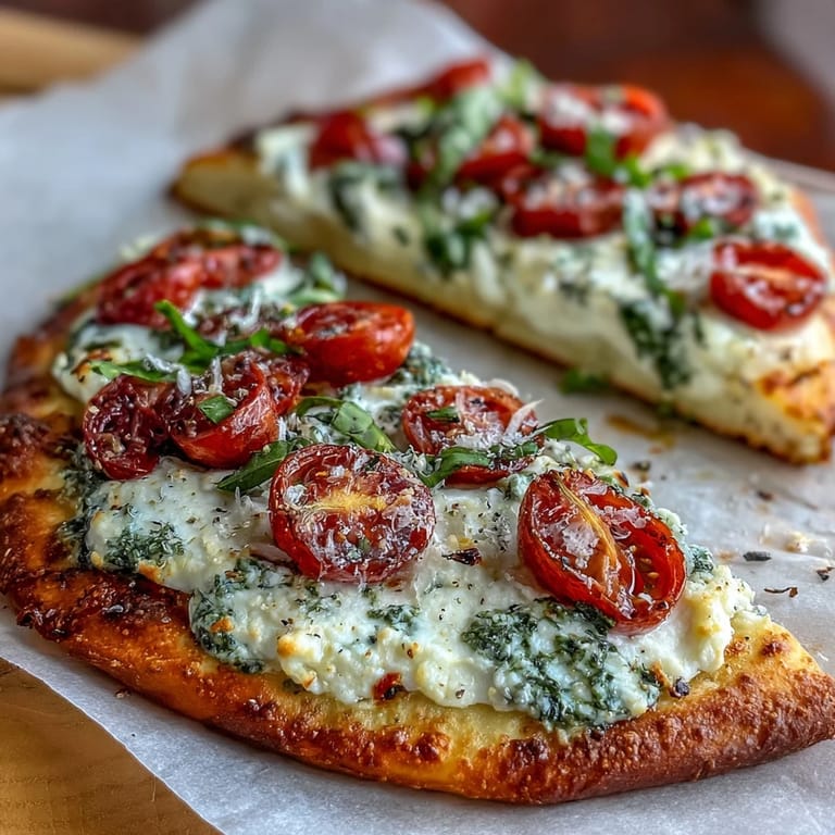 Golden cottage cheese flatbread layered with rich pesto, cherry tomatoes, and fresh basil for a flavorful bite.