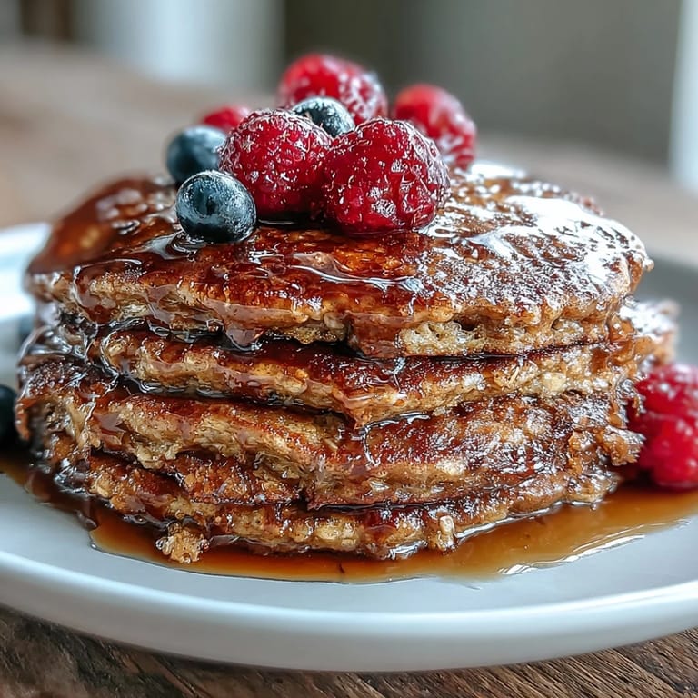 Warm High Fiber Protein Pancakes shimmering with a sweet maple syrup glaze.