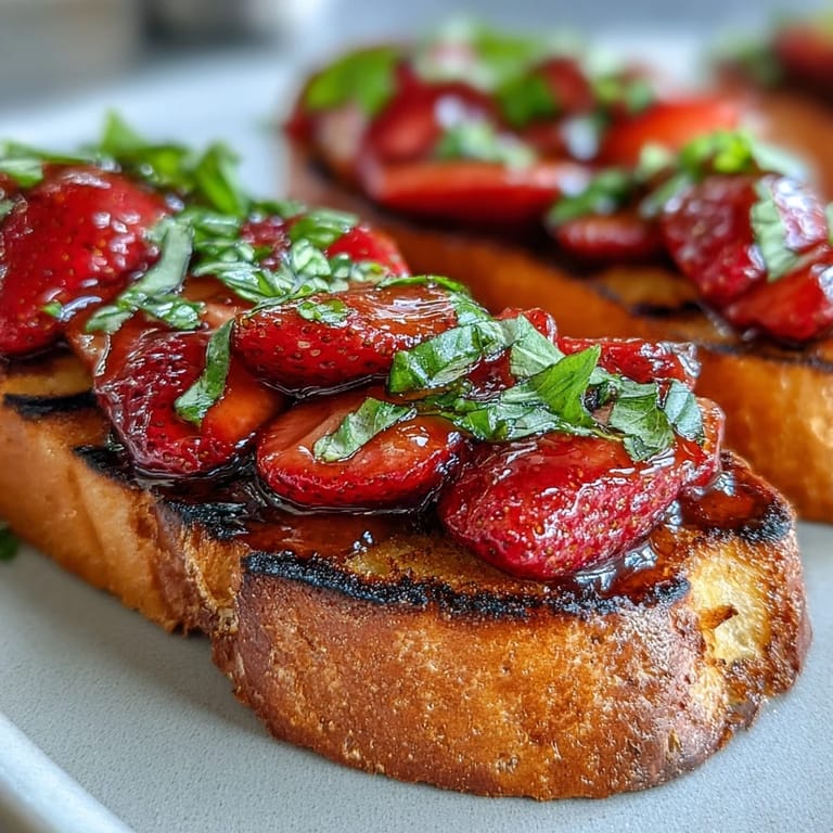 Delicious strawberry balsamic bruschetta, showcasing grilled sourdough and fresh basil.