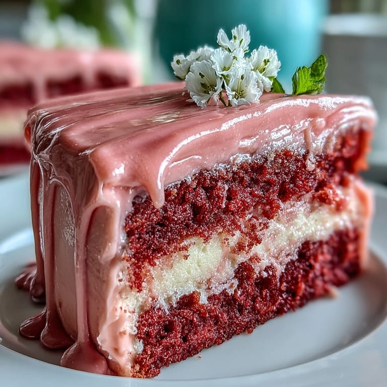 Decadent rosé velvet cake topped with creamy frosting and luxurious edible gold drip.