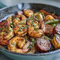Keto Cajun Shrimp and Sausage Skillet sizzling in a cast-iron pan with vibrant red and green bell peppers, smoky sausage slices, and plump shrimp in bold Cajun spices.  