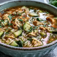 A steaming bowl of one-pot lemon chicken and zucchini orzo soup, brimming with tender chicken, fresh zucchini, and orzo pasta in a bright lemon broth.