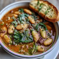 Creamy Tuscan white bean soup with fresh vegetables and herbs, served with crisp garlic bread on the side.  