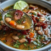 Hearty Tex-Mex ham and pinto bean soup with tender vegetables and smoky spices in a steaming bowl.  