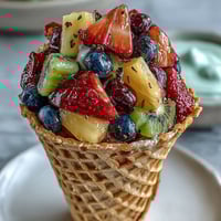 Fresh fruit cones filled with strawberries, blueberries, and kiwi, served with a creamy yogurt dip for summer parties.  