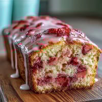 A moist pound cake loaf with vibrant strawberry swirls and glossy vanilla glaze, perfect for spring dessert or teatime.  