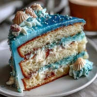 Pisces Birthday Cake with Ocean Blue Ombre Frosting on a white cake stand, showcasing layers of vanilla sponge and a gradient blue buttercream finish.