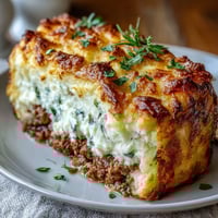 Fluffy baked potatoes stuffed with savory ground beef and vegetables, topped with creamy mashed potatoes for a cozy, hearty meal.