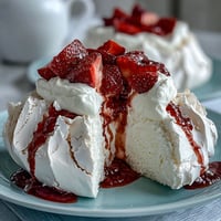 Delicate mini pavlovas with crisp meringue shells, topped with whipped cream and fresh strawberries for a light dessert.