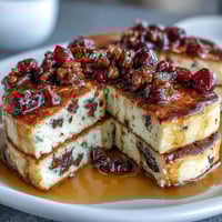 Baked blueberry pancake casserole with golden top and juicy berries served warm with maple syrup.