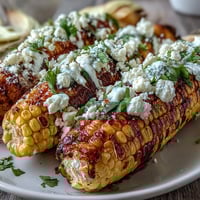 Elote-Style Microwave Corn on the Cob with Cotija cheese, creamy lime sauce, and chili powder, garnished with fresh cilantro.