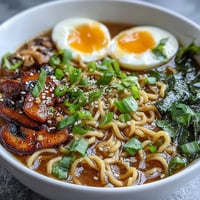 A steaming bowl of homemade miso ramen with tender noodles, rich broth, and a soft-boiled egg, garnished with mushrooms and green onions.