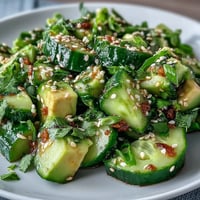 A vibrant smashed cucumber and avocado salad with sesame dressing, topped with green onions and toasted seeds for a refreshing vegan lunch.