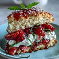 Fluffy biscuits layered with fresh strawberries, basil, and whipped cream for a summer dessert.  