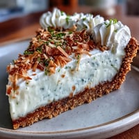 A vibrant coconut lime tart with creamy filling and golden graham cracker crust, garnished with whipped cream and toasted coconut.  