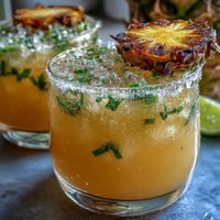 A tall glass filled with vibrant yellow pineapple jalapeño agua fresca, garnished with a fresh pineapple wedge and a slice of green jalapeño.  