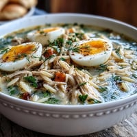 Hearty bowl of Greek lemon chicken soup with shredded chicken, orzo, and fresh dill in a silky, lemony broth.  