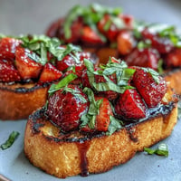 Vibrant strawberry balsamic bruschetta on grilled sourdough, a perfect summer appetizer.