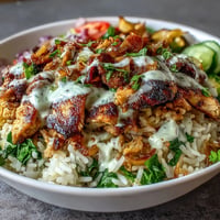 Middle Eastern Shawarma Bowl with tahini sauce, piled high with vibrant toppings.