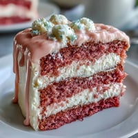 Luscious pink rosé velvet cake with elegant gold drip, perfect for parties.